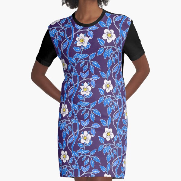 Serpentine boho flower vines in blue and white Graphic T-Shirt Dress