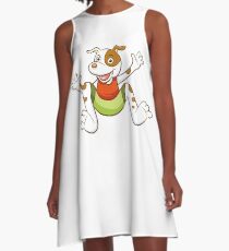 Cute Funny Cartoon Silly Jumping Dog Character Doodle Animal Drawing A-Line Dress
