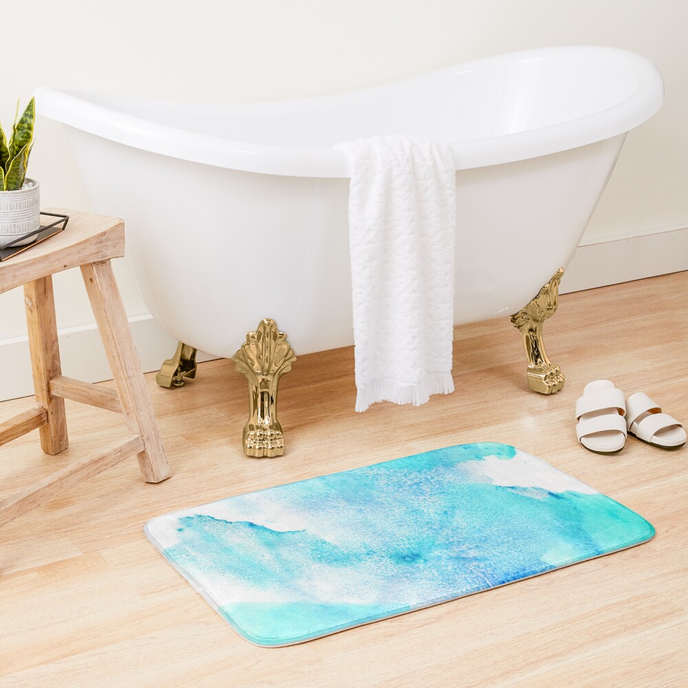 Artistic turquoise aqua teal watercolor paint Bath Mat