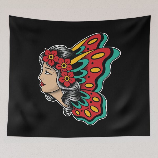 Item preview, American Traditional Tattoo Girl face Butterfly designed and sold by SevenRelics.