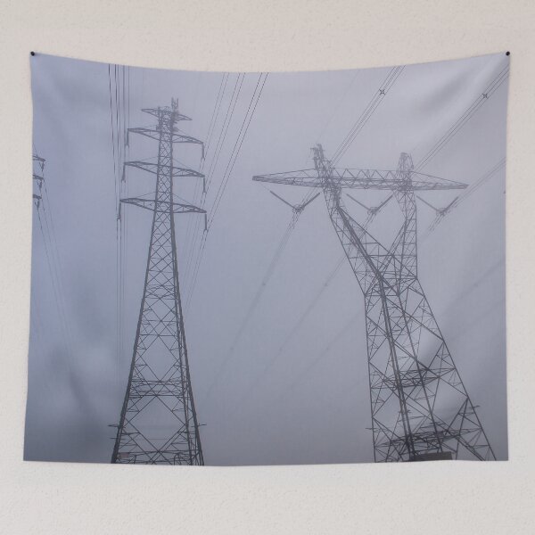 Item preview, Towering electrical power pylons disappearing into thick fog landscape designed and sold by James-Cole.