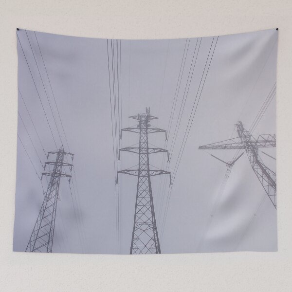 Item preview, Towering electrical power pylons disappearing into thick fog portrait designed and sold by James-Cole.