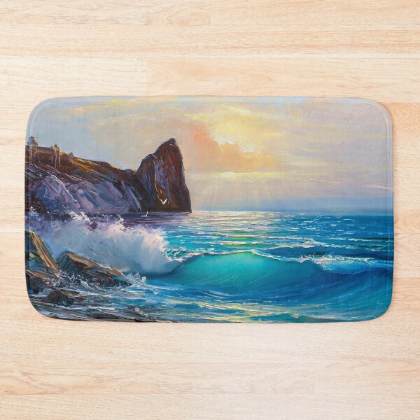 Seaside oil painting, Beautiful, Surfing, Beachy, Swimming, Adventure, Beach Bath Mat