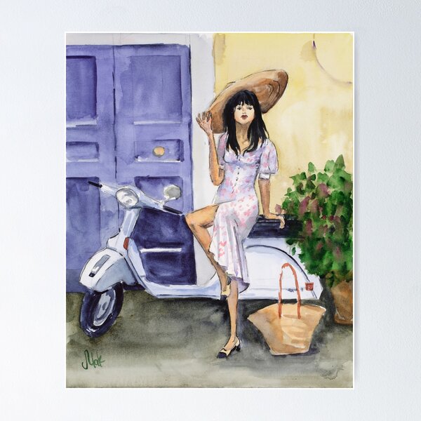 Item preview, Girl On A Scooter Watercolor Print designed and sold by NatalyMak.