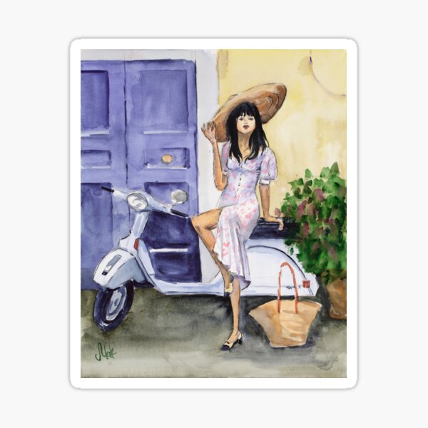 "Girl On A Scooter Watercolor Print" Sticker by NatalyMak Redbubble