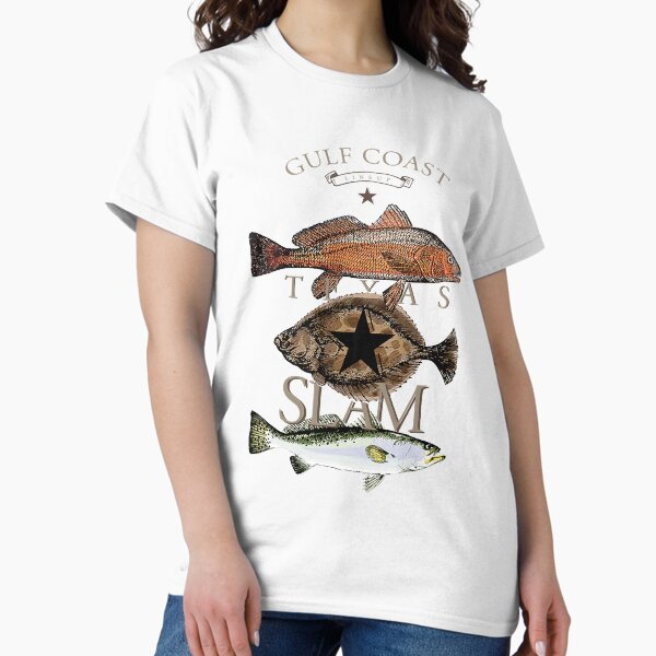 Vista previa del artículo con la obra «Texas Slam Fishing Red Drum Flounder - Camiseta de trucha», diseñado y vendido por ConradIbernia.