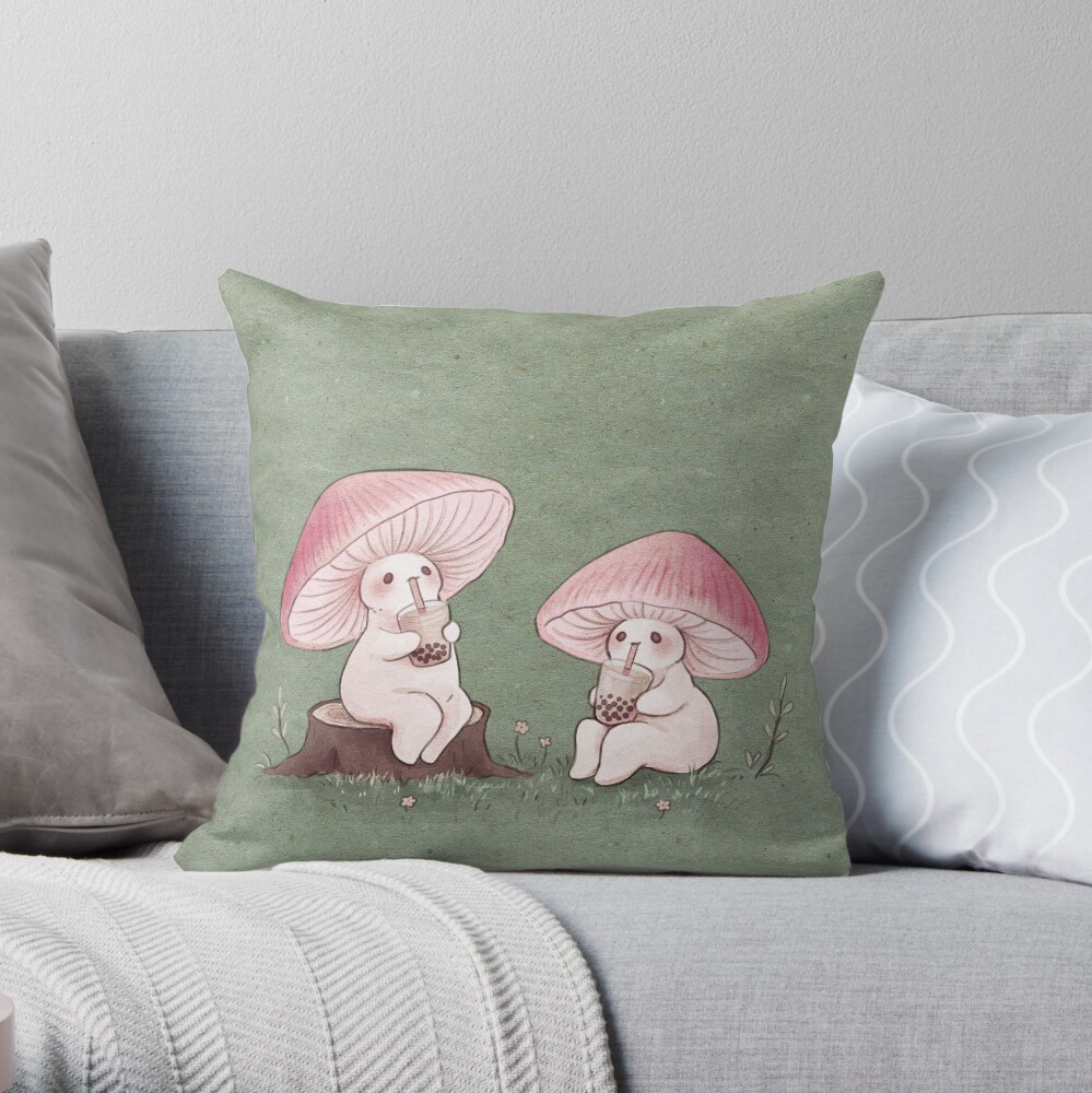 Mycena Mushrooms with Boba Tea Throw Pillow