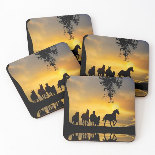 Item preview, Herd of Horses in Southwestern Colored Sunset Oak Tree Reflected in Pond of Water designed and sold by Stephanie Laird.
