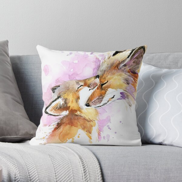 Beautiful Fox Mother and Cub Watercolour design. Throw Pillow