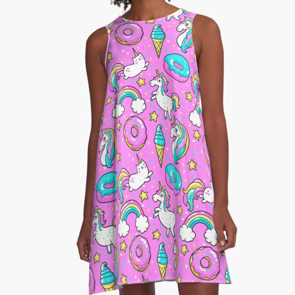 Rosa Einhorn-Donut-Regenbogen-Eiscreme-Sterne A-Linien Kleid