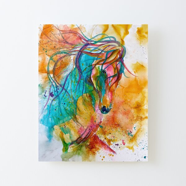 Carousel - Pink, Orange, Teal Horse - Painted with alcohol ink Canvas Mounted Print