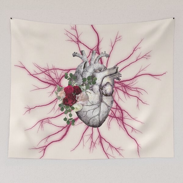 Item preview, Vintage Human heart and veins, arteries, blood, illustration art, dark, purple roses designed and sold by Collagedream.