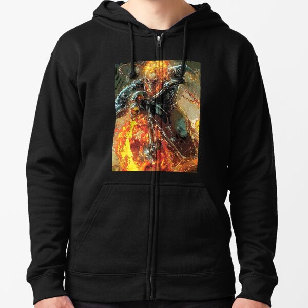 Ghost Rider Fire Skeleton On Motorcycle Zipped Hoodie