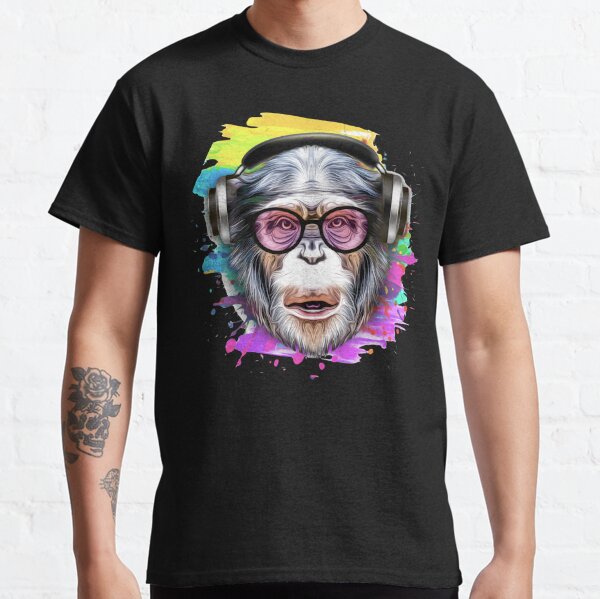 MENS WHITE T-SHIRT WITH VIBRANT COLOURED MONKEY WITH RAINBOW CREATIVE DESIGN 