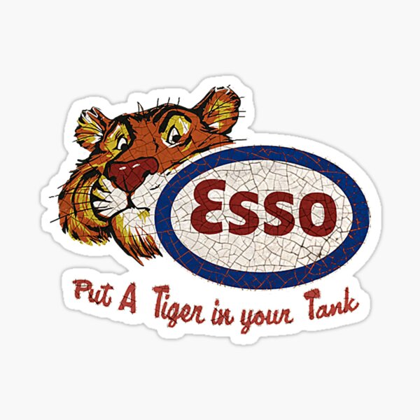 TIN SIGN "Esso Tiger” Gasoline Oil Garage Tools Cars Trucks Petro Highway Mancav 