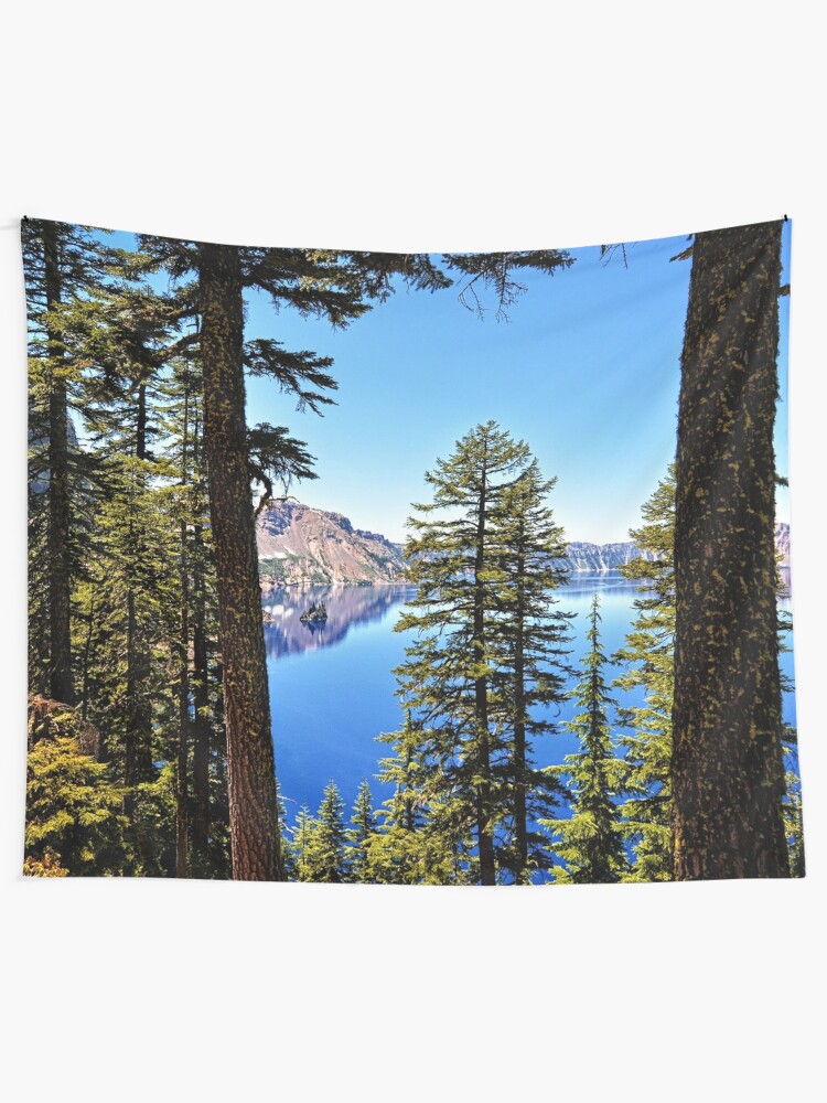 "Forest Crater Lake Oregon PNW Travel Blue Lake Cascadia Trees - Digital Wall Art Tapestries 