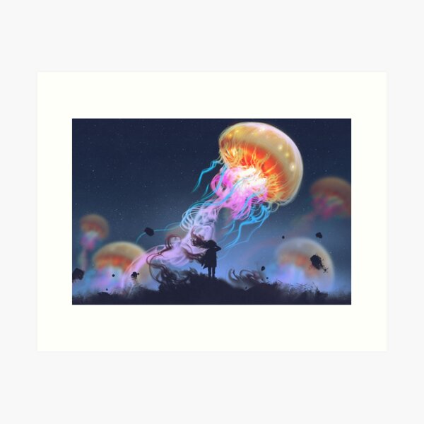 Méduse géante flottant dans le ciel, Belle, Paysage Étoile, Nuit Impression artistique