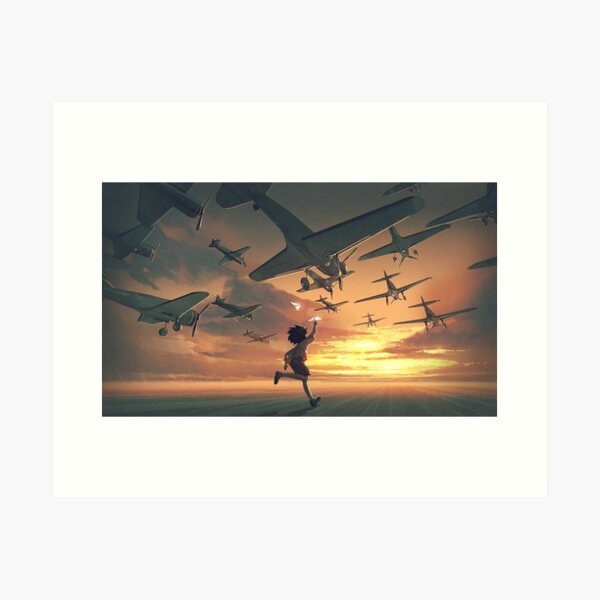 Garçon volant des avions en papier au coucher du soleil, Belle, Paysage, Été, Coucher de soleil Impression artistique