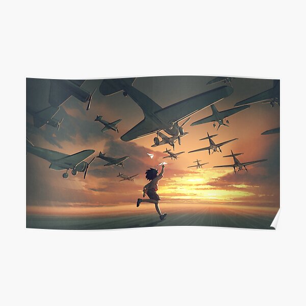 Boy flying paper airplanes in the sunset, Beautiful, Landscape, Summer, Sunset Poster