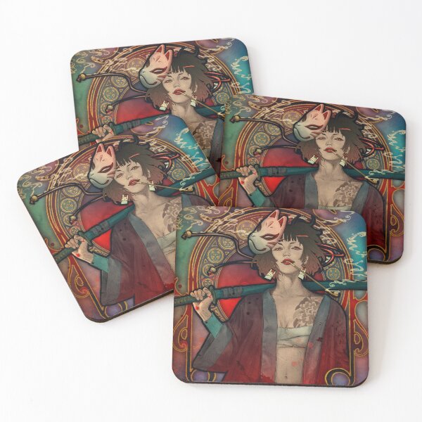 Item preview, Katana samurai girl Kitsune in Art Nouveau style designed and sold by AlexaelArtworks.