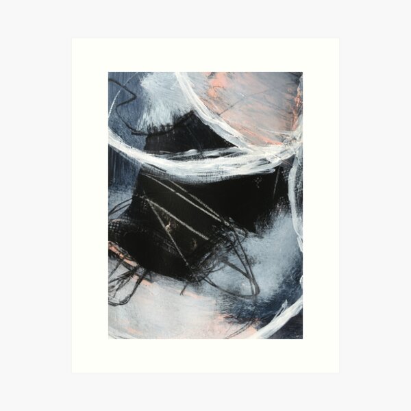 Peinture abstraite en noir, blanc, bleu gris et corail (Discovery n°2) Impression artistique