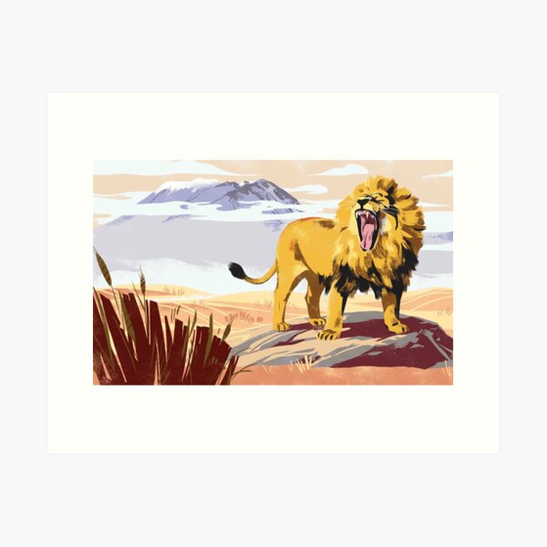 Roaring lion and mountain in Africa Art Print