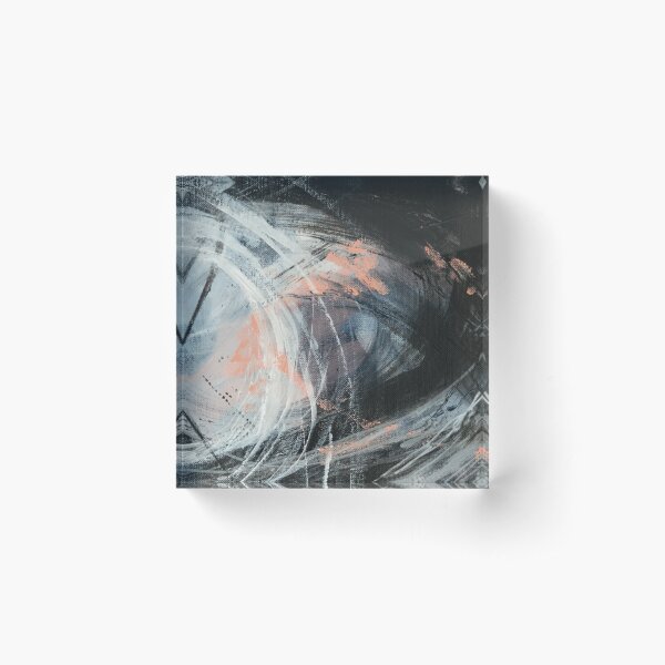 Peinture abstraite en noir, blanc, gris bleu, gris clair et corail (The Fear n°4) Bloc acrylique