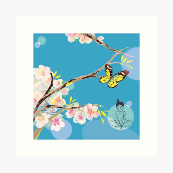 Yellow butterfly and cherry blossom Art Print
