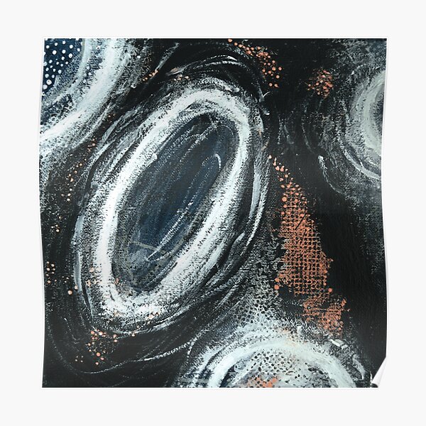 Peinture abstraite en noir, blanc, gris bleu, gris clair et corail (Frenesia n°4) Poster