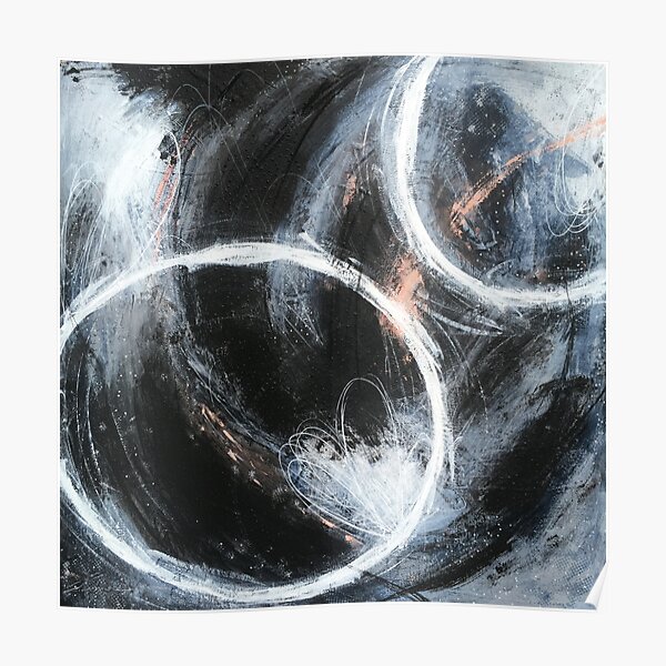 Peinture abstraite en noir, blanc, gris bleu, gris clair et corail (Happy Frenesia) Poster