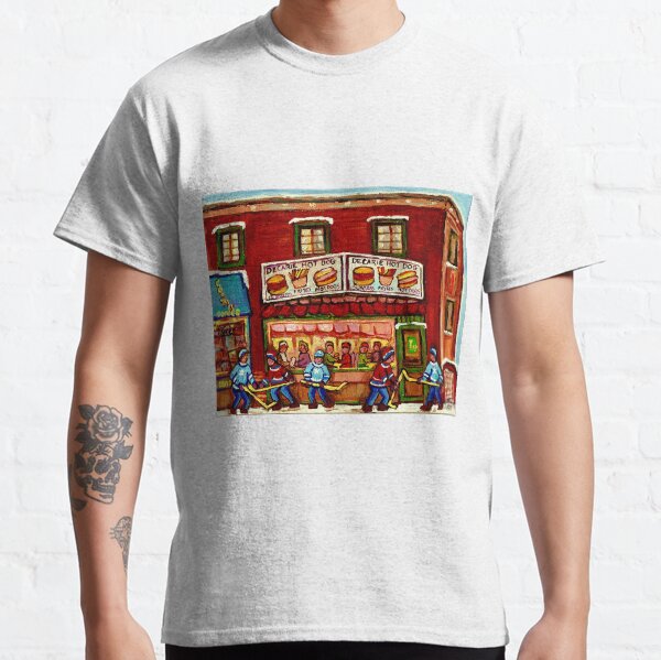 WINTER STREET HOCKEY GAME NEAR THE HOT DOG SPOT MONTREAL HOCKEY PAINTINGS Classic T-Shirt