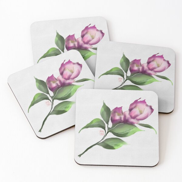 Item preview, watercolor and chinese ink pink camellia on textured paper. designed and sold by CuisineCat.