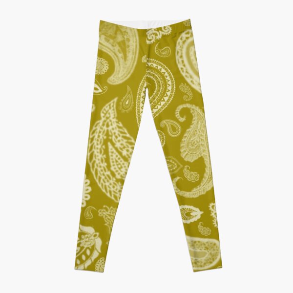White Paisley on Color #A38E09 Leggings
