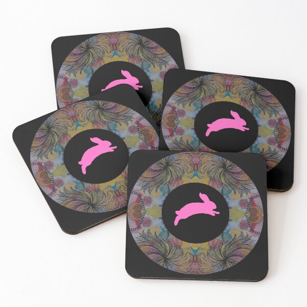 Item preview, Hot pink bunny leaping through an abstract botanical garden designed and sold by Mary Egan.