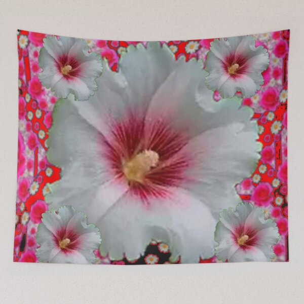 Item preview, WHITE-RED GARDEN HOLLYHOCKS ABSTRACT PATTERN ART designed and sold by sharlesart.