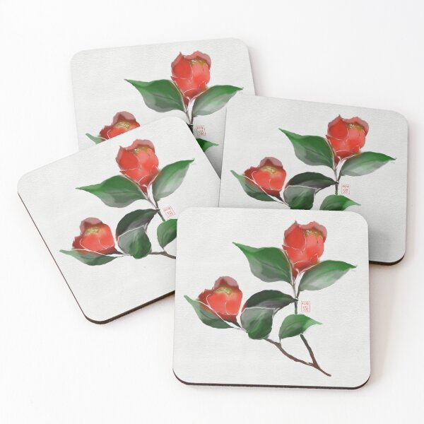 Item preview, Red watercolor and sumie ink camellias on textured paper. designed and sold by CuisineCat.