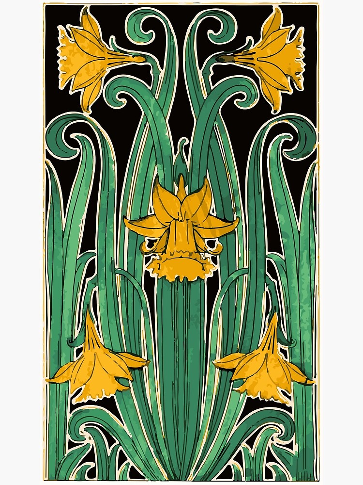 Art Nouveau daffodils, gold and green on black background Poster