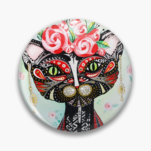 Item preview, Retrato al estilo de Frida Kahlo con acuarela dibujada a mano. Ilustración de gato humanizado con fondo de rosas estampadas. designed and sold by HashPlus.