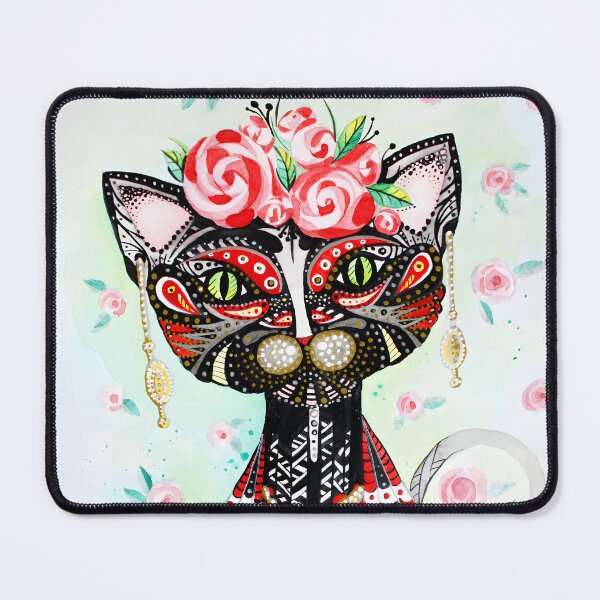 Item preview, Retrato al estilo de Frida Kahlo con acuarela dibujada a mano. Ilustración de gato humanizado con fondo de rosas estampadas. designed and sold by HashPlus.