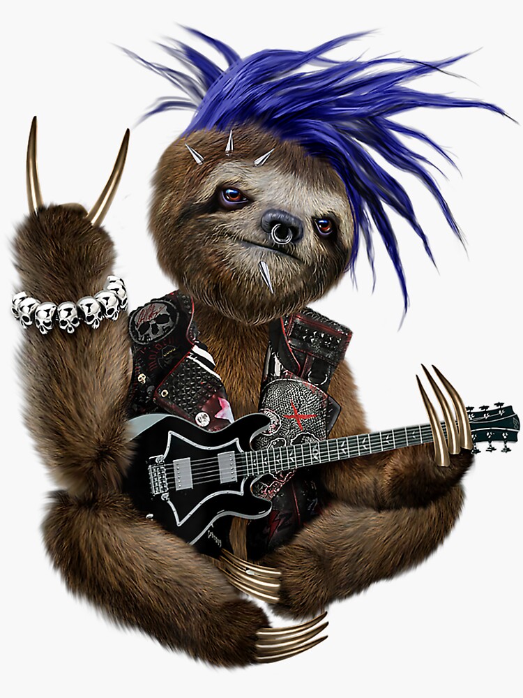 "Punk Sloth as Guitarist in Heavy Metal Band - T-Shirt" Sticker by