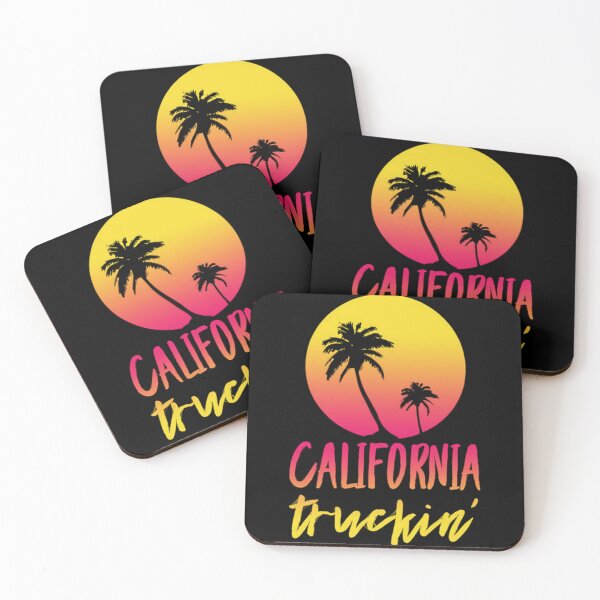 Aperçu de l'œuvre California Truckin 18 Wheeler Trucker Retro Sunset Palmtree 80s créée et vendue par AdimajiSukaki.