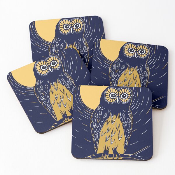 Item preview, Deep blue and gold linocut of an owl on a moonlit night designed and sold by Maddy Bennett.