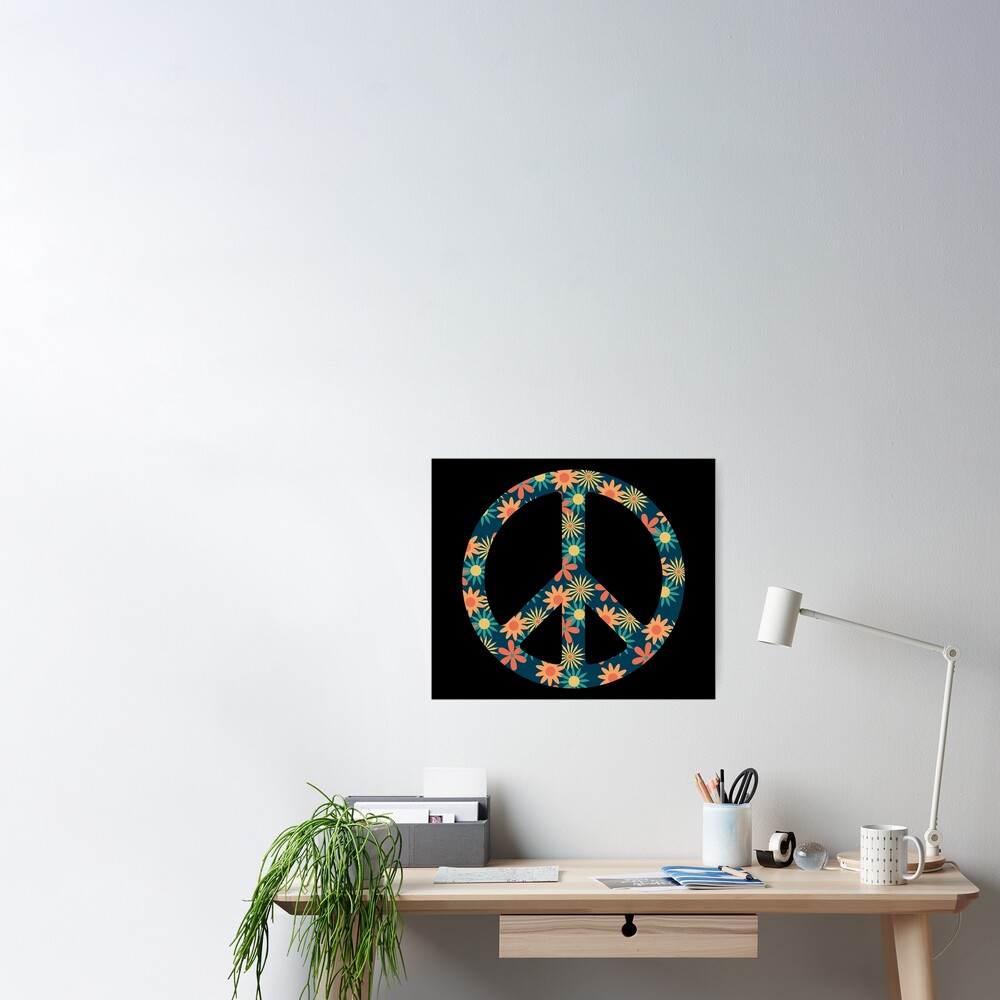 peace sign flowers pattern floral art cute symbol design retro cute orange  and yellow flowers colorful pattern cool floral graphic on black background