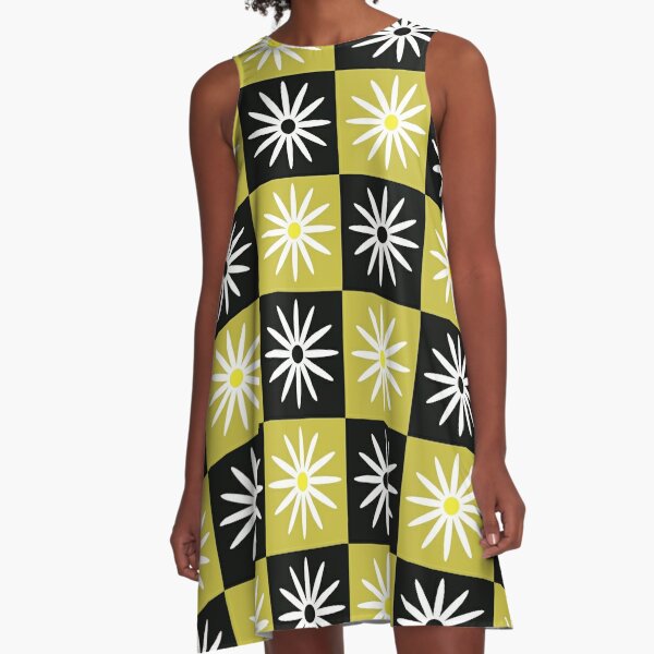 Checkered daisy floral pattern in yellow and black  A-Line Dress