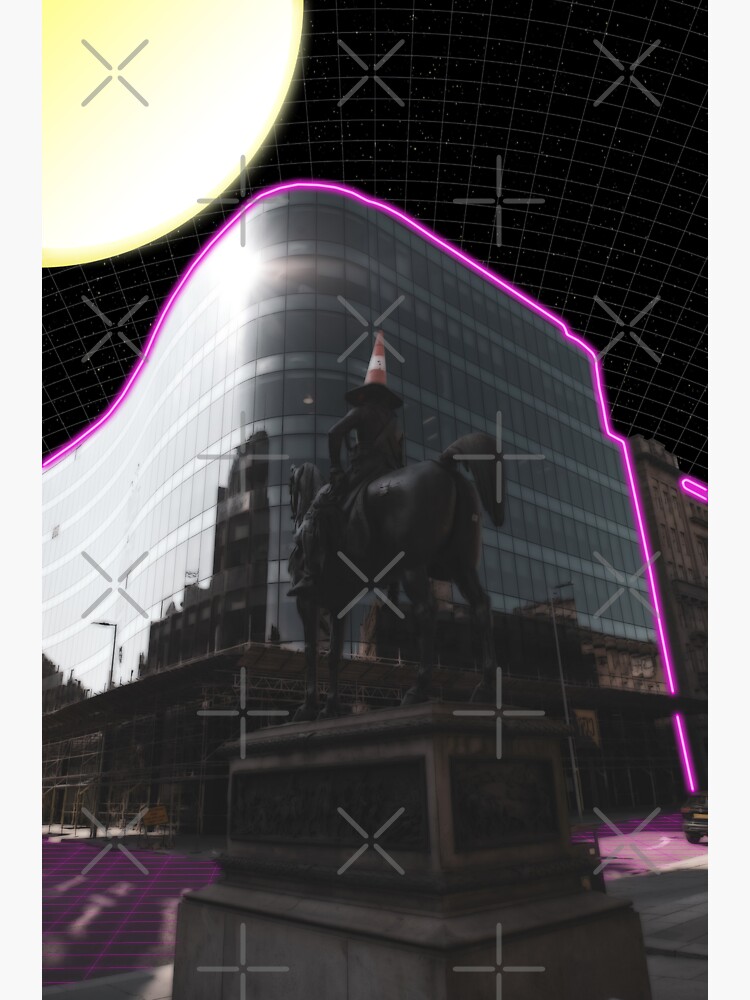 "Glasgow Scotland Retro Future Digital Painting (Duke of Wellington Traffic Cone Monument City