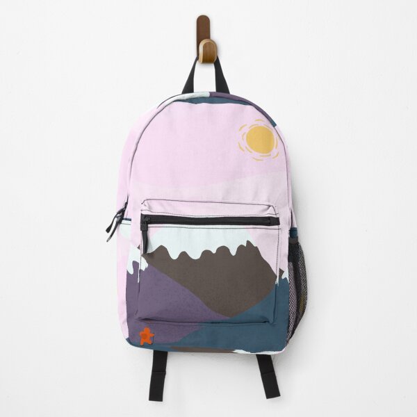 Item preview, Tiny orange man hiking between snowed mountains with pink sky and yellow sun designed and sold by PSteinDesign.