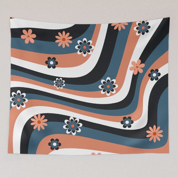 Item preview, Orange blue black and  white retro flower print designed and sold by DemonicGloom.