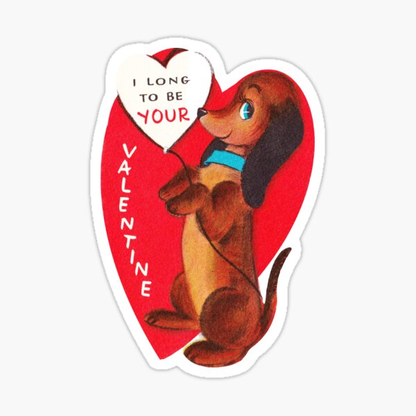 "I Long for You" - Dachshund, Doxie, Vintage, Inspired, Sausage, Dog, Weenie, Ween, Wiener, Hot, Dachsie, Red, Smooth, Valentine's, Day, Card, Love, Romantic, Cute Sticker