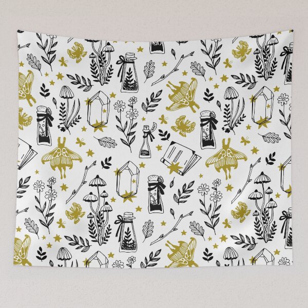 Item preview, Magic concept vector seamless pattern. Seamless pattern of stars, flowers, crystals, toadstools, leaves, twigs, potion bottles and moths. designed and sold by Kizuneko.