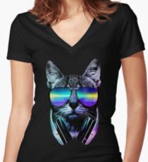 Music Lover Cat Women's Fitted V-Neck T-Shirt